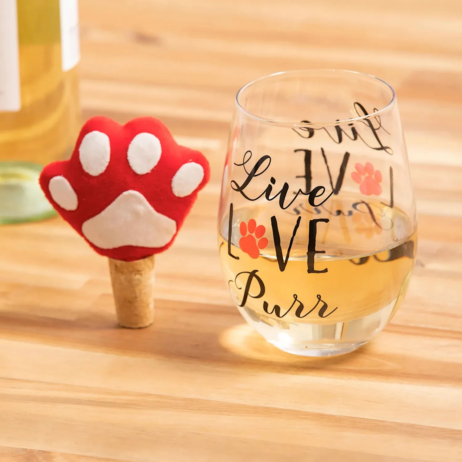 Plow & Hearth Wine Glasses>17 OZ Stemless Glass with Paw Print Stopper, Live Love Purr, Gift Set