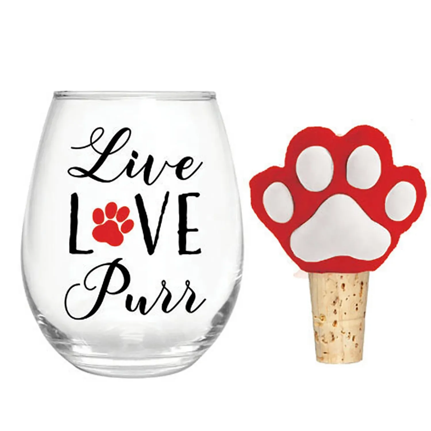 Plow & Hearth Wine Glasses>17 OZ Stemless Glass with Paw Print Stopper, Live Love Purr, Gift Set