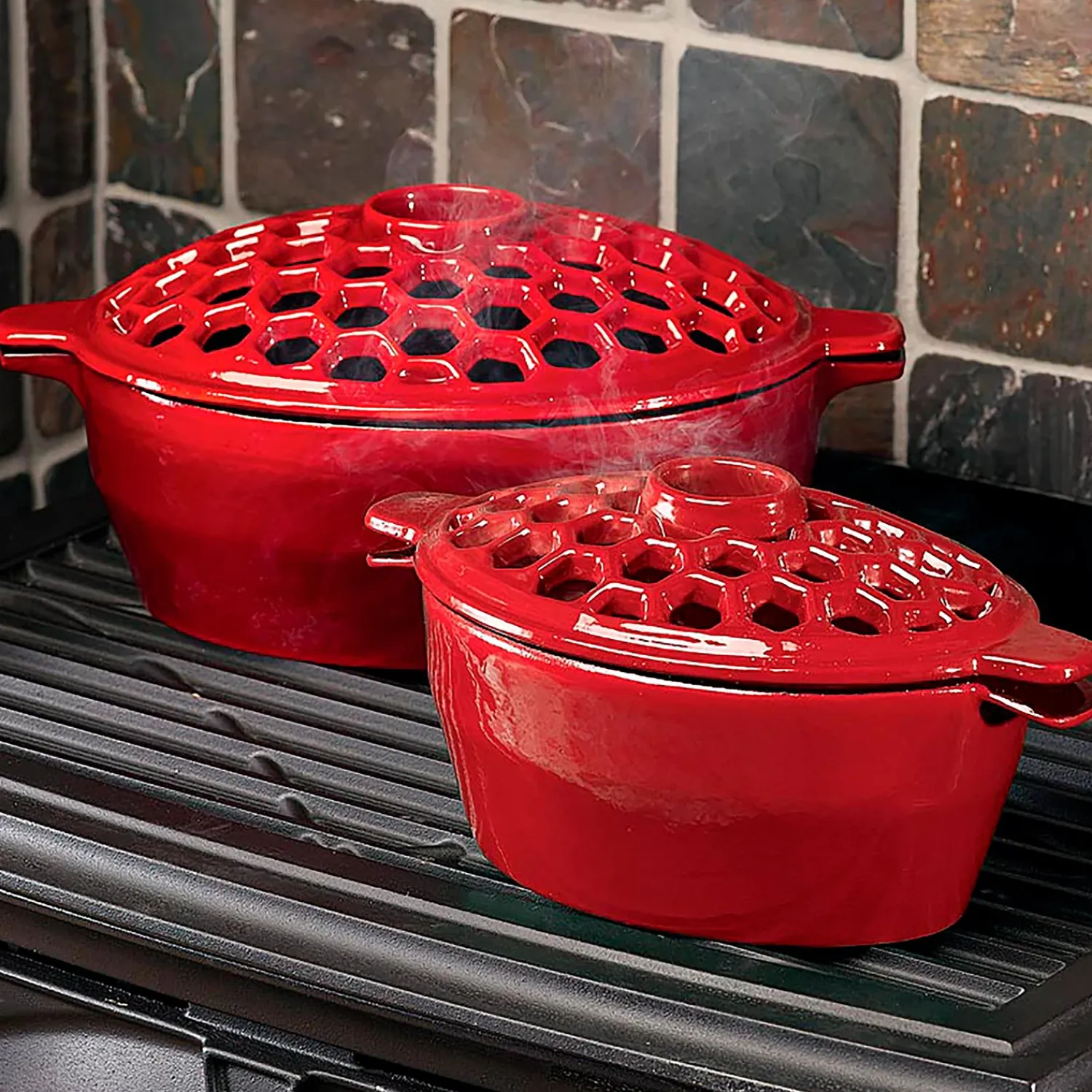 Plow & Hearth Woodstove Steamers>1.5 QT. Cast Iron Lattice Wood Stove Steamer Red