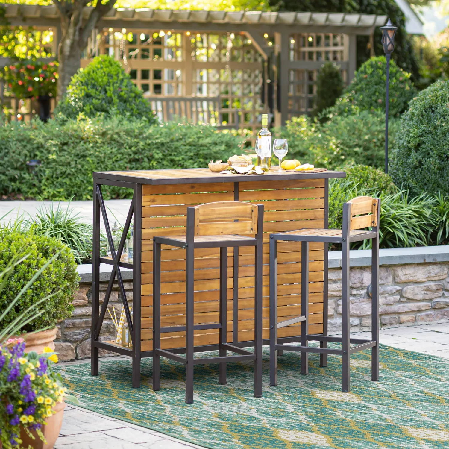 Plow & Hearth Outdoor Seating Sets|Outdoor Dining Sets>Aacia Bar Table with Iron Frame