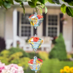Plow & Hearth Hummingbird Feeders>Art Glass Hanging Chained Hummingbird Feeder, Blue & Yellow