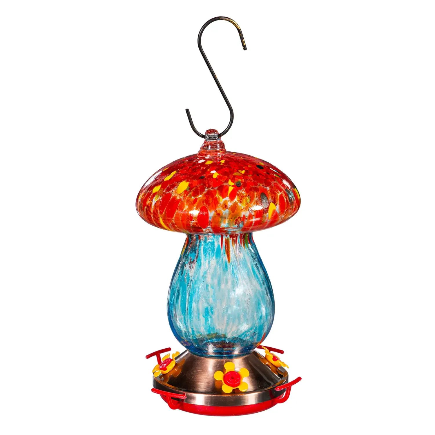Plow & Hearth Hummingbird Feeders>Art Glass Hanging Mushroom, Red & Blue