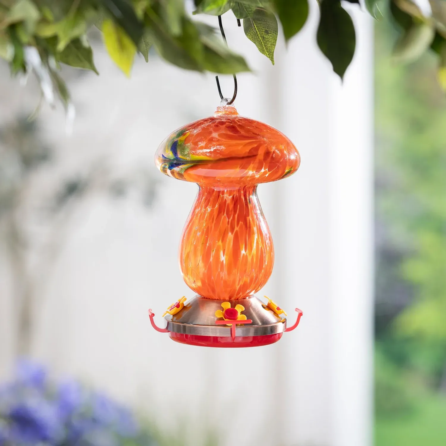 Plow & Hearth Hummingbird Feeders>Art Glass Hanging Mushroom, Orange