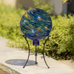 Plow & Hearth Gazing Balls>Art Glass Swirled Gazing Ball with Stand, Royal Blue