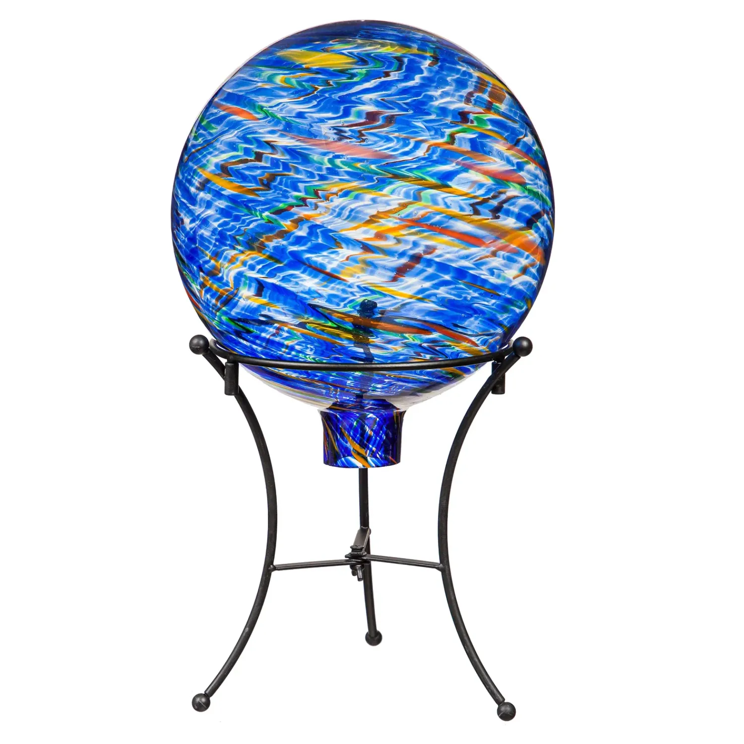 Plow & Hearth Gazing Balls>Art Glass Swirled Gazing Ball with Stand, Royal Blue
