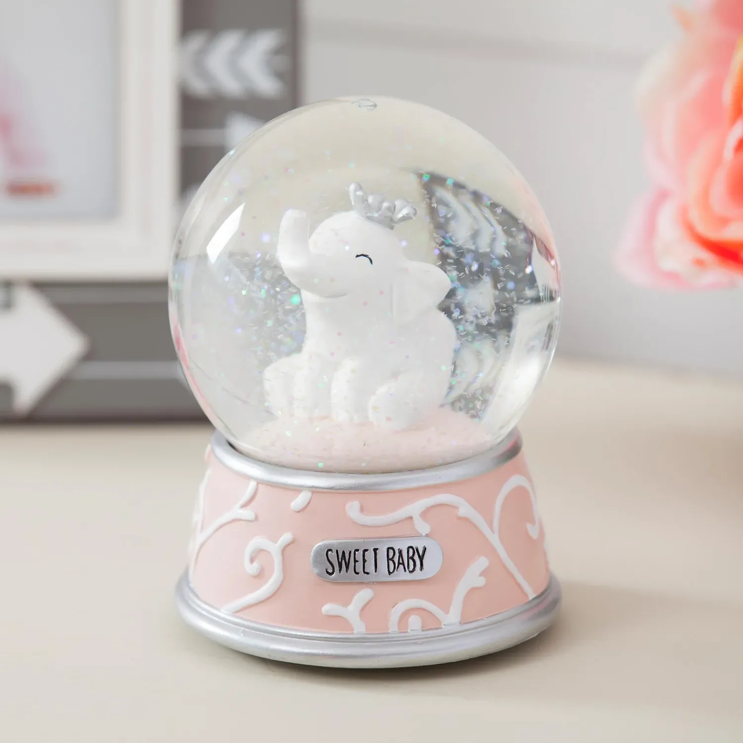 Plow & Hearth Decorative Accents>Baby Elephant Pink Resin Waterglobe/Music Box