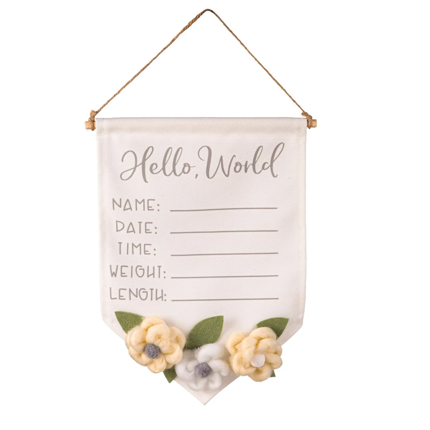 Plow & Hearth Decorative Accents>Baby Hello World Burlap Hanging Decor with Felt Flowers, 14"
