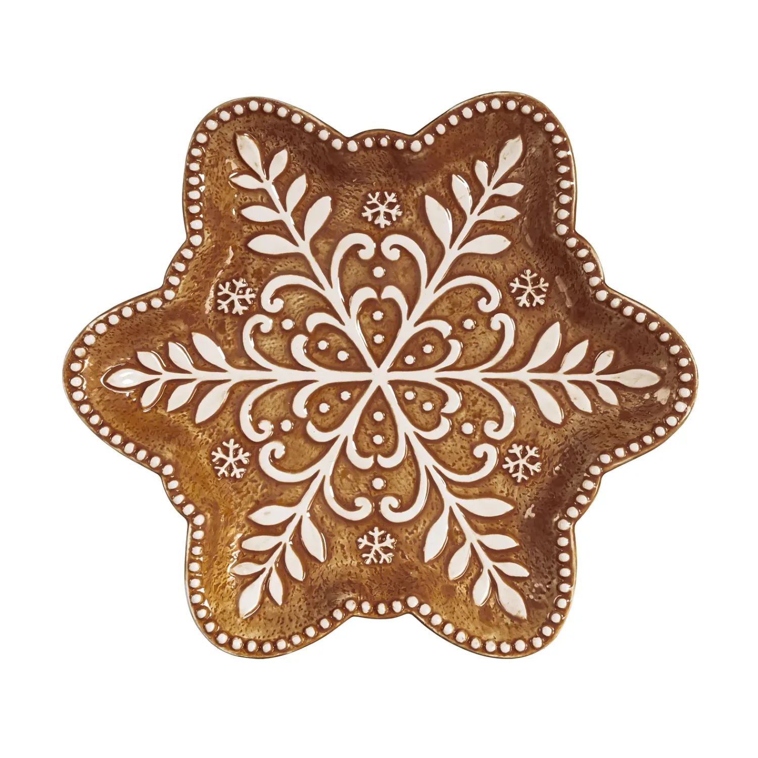 Plow & Hearth Plates & Platters>Baking Spirits Bright Plate Gingerbread Snowflake Shaped Embossed Ceramic Salad Plate, 9"