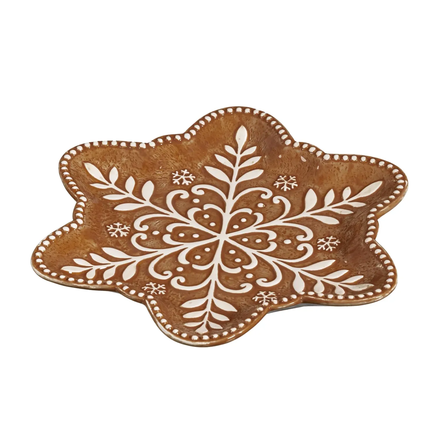 Plow & Hearth Plates & Platters>Baking Spirits Bright Plate Gingerbread Snowflake Shaped Embossed Ceramic Salad Plate, 9"