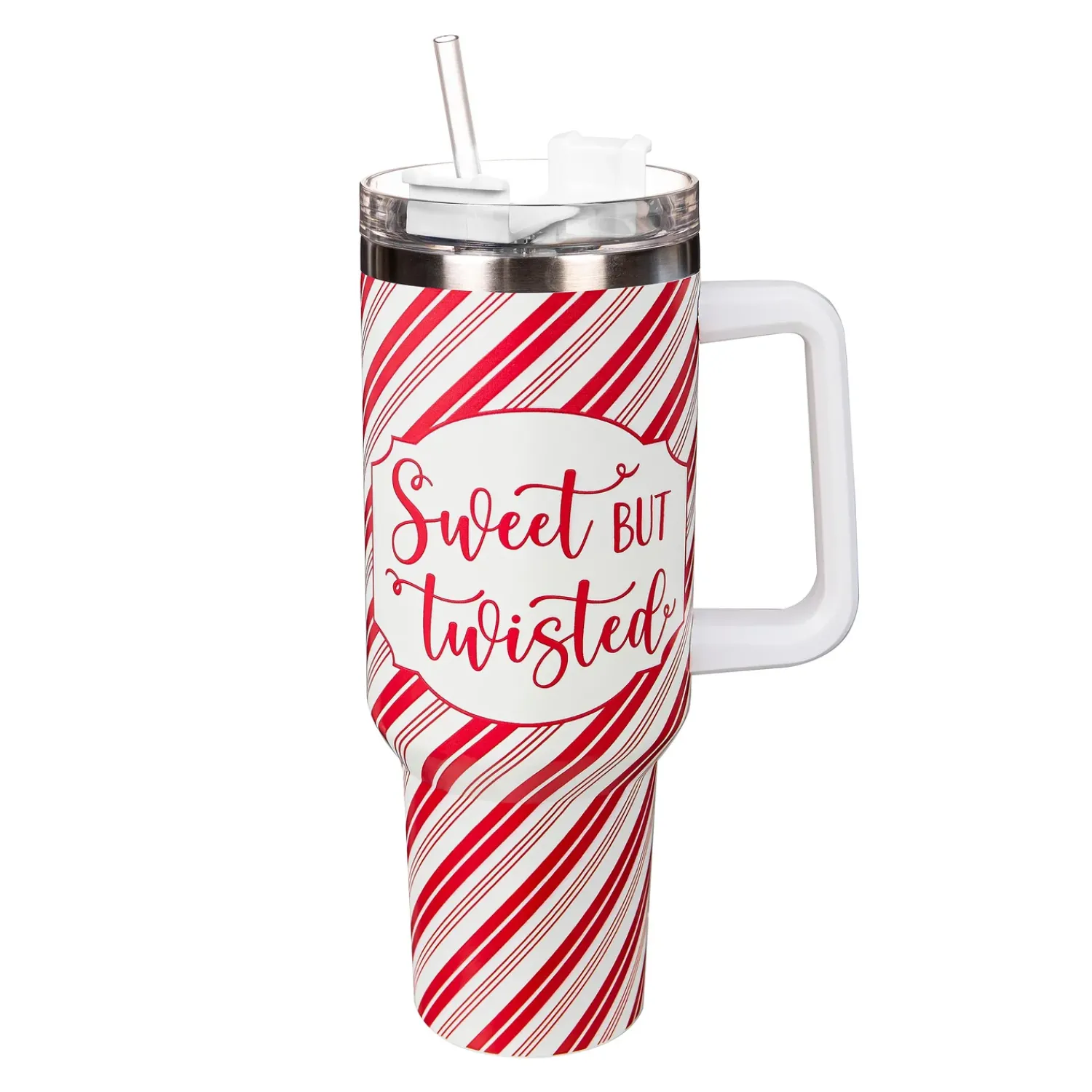 Plow & Hearth Travel Cups>Baking Spirits Bright Tumbler Stainless-Steel Canyon Cup w/ Straw, Sweet But Twisted, 40oz, Gift Box