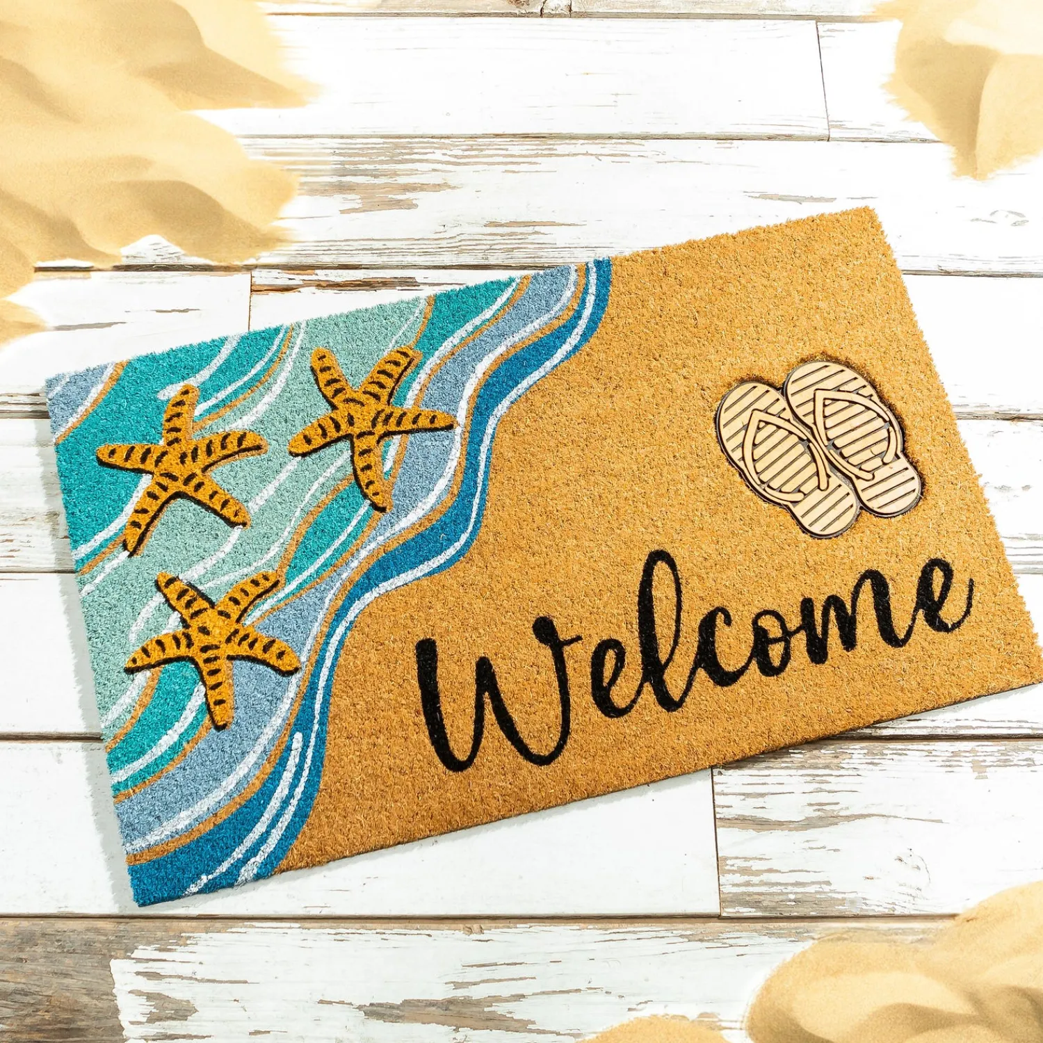 Plow & Hearth Coir Mats>Beach Vibes Only Coir Mat with Rubber Embossed Flip Flops