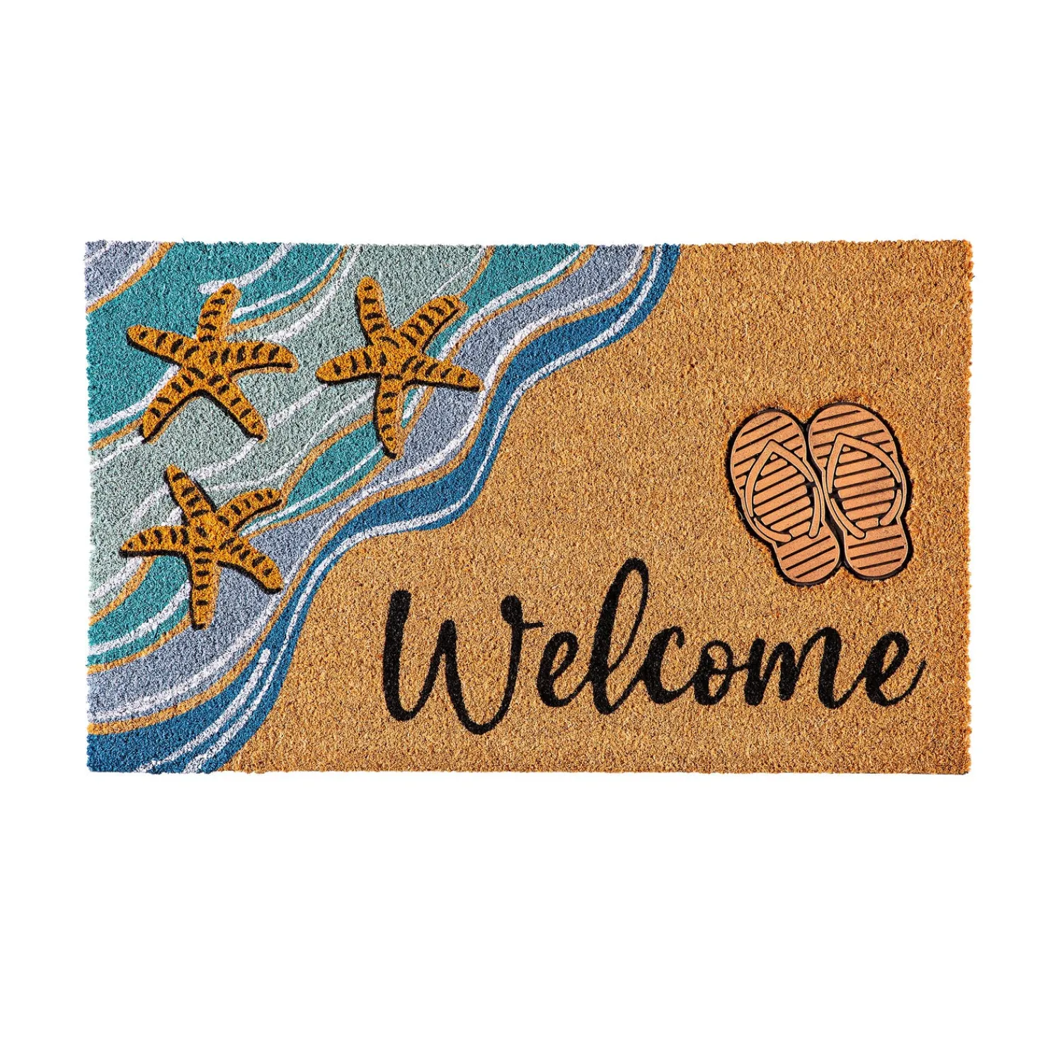 Plow & Hearth Coir Mats>Beach Vibes Only Coir Mat with Rubber Embossed Flip Flops