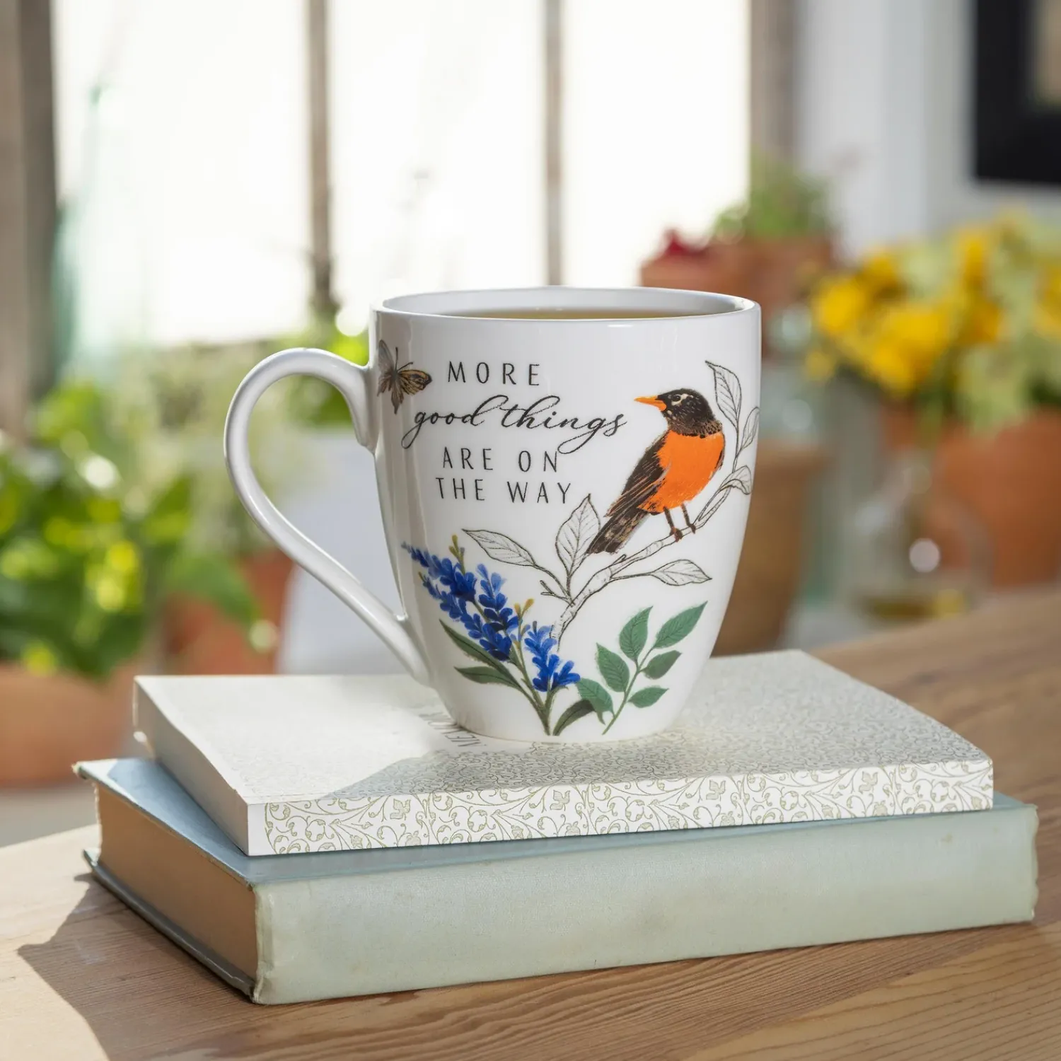 Plow & Hearth Coffee & Tea Cups>Bird Greenhouse Retreat Robin Ceramic Cup O' Java, 17oz, Gift Box