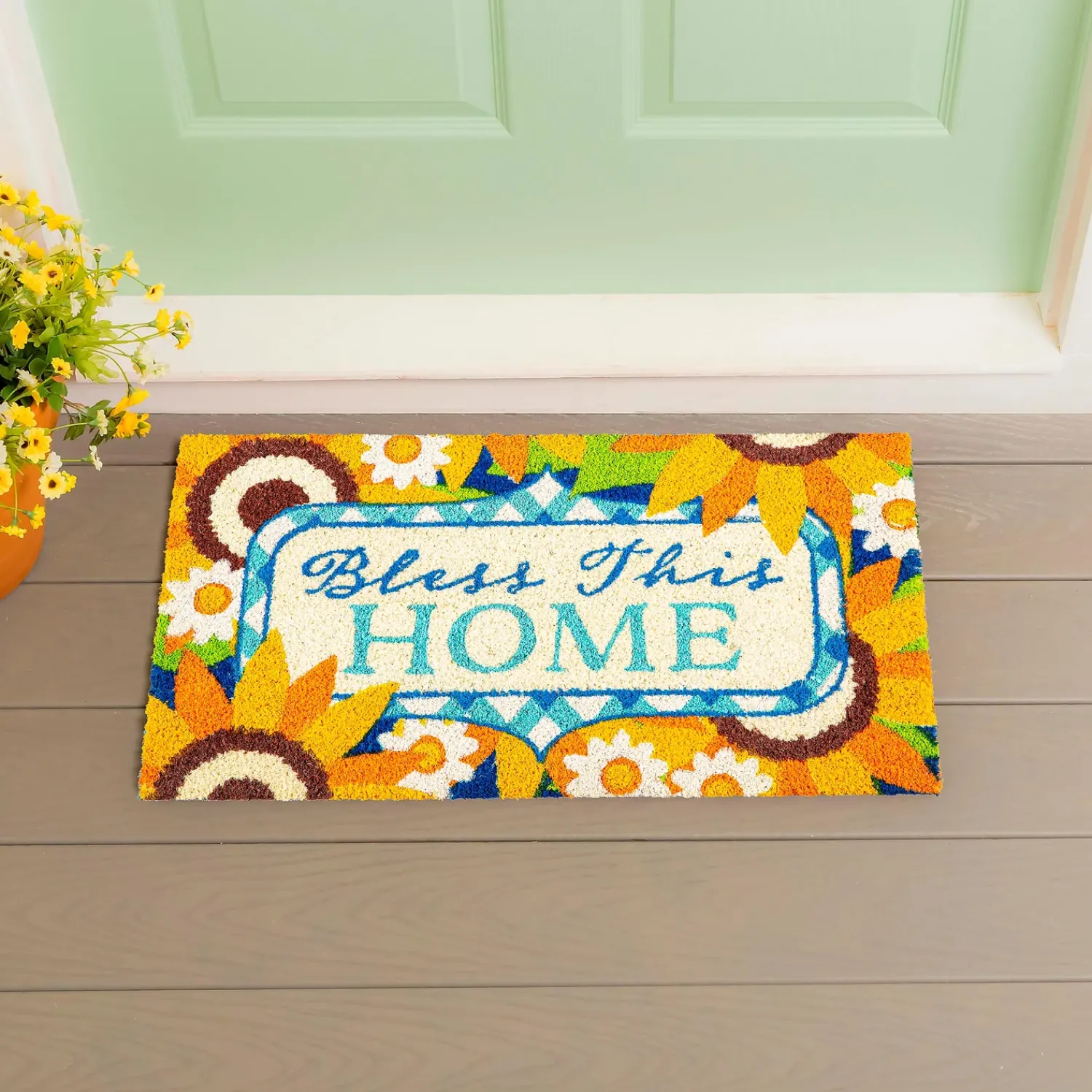 Plow & Hearth Coir Mats>Bless this Home Sunflowers Coir Mat