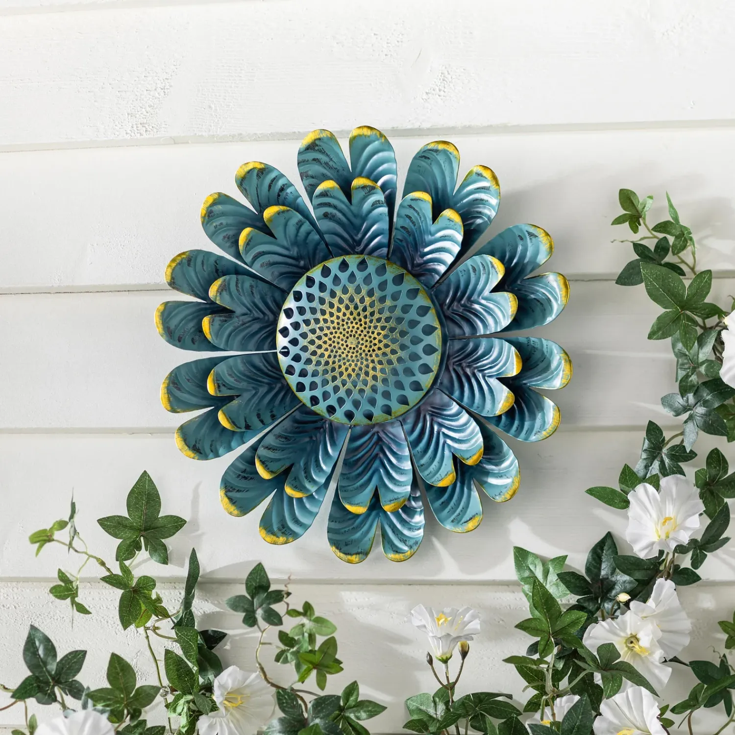 Plow & Hearth Outdoor Wall Art|Wall Art>Blue Flower Distressed Metal Wall Art
