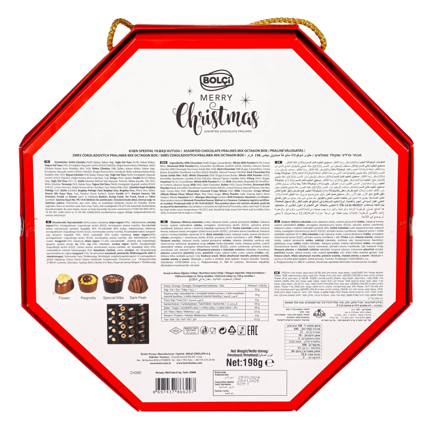 Plow & Hearth Gourmet Snacks & Nuts>Bolçi Merry Christmas, Assorted Chocolate Pralines, 198gr - 6.98oz