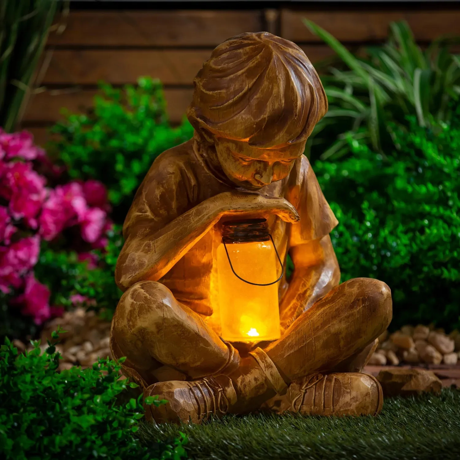 Plow & Hearth Garden Statues|Solar Accents>Boy with Firefly Statue