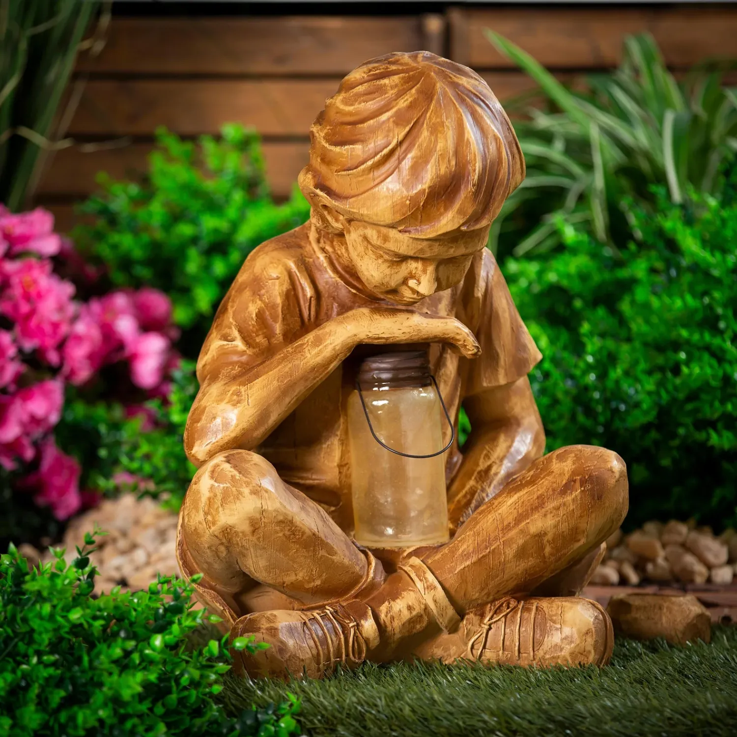 Plow & Hearth Garden Statues|Solar Accents>Boy with Firefly Statue