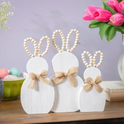 Plow & Hearth Decorative Accents>Bunny Trio with Beaded Ears Wood Table Decor, 11.25"L