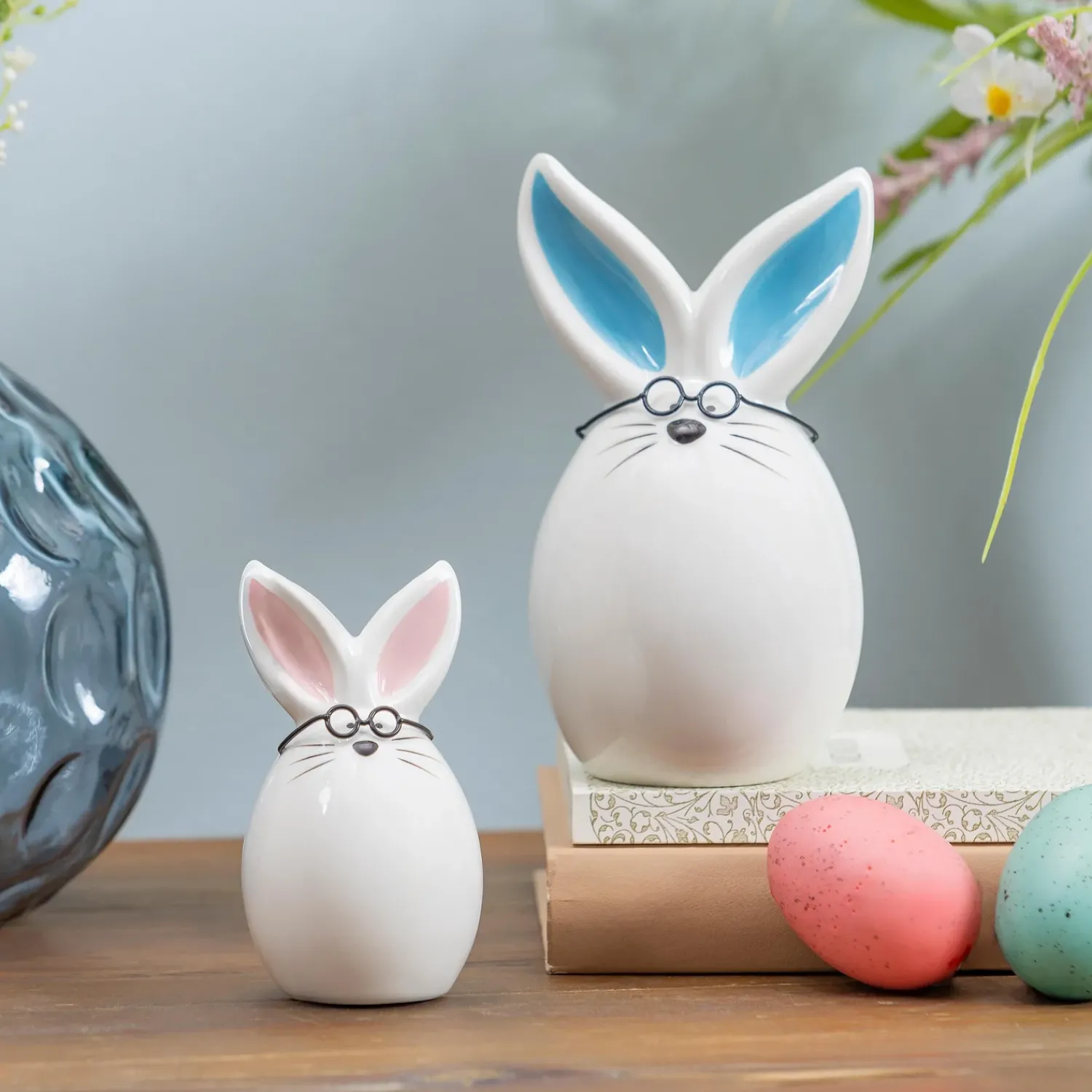 Plow & Hearth Decorative Accents>Bunny with Glasses Ceramic Table Decor Set