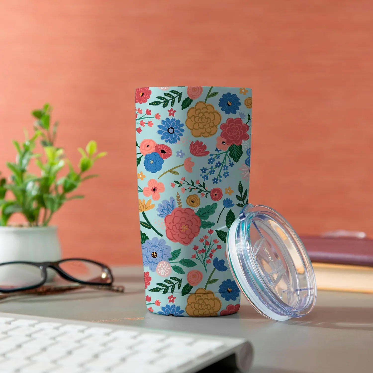Plow & Hearth Travel Cups>Bursting Blossoms Floral Double Wall Stainless Steel Tumbler, 20oz, Gift Box