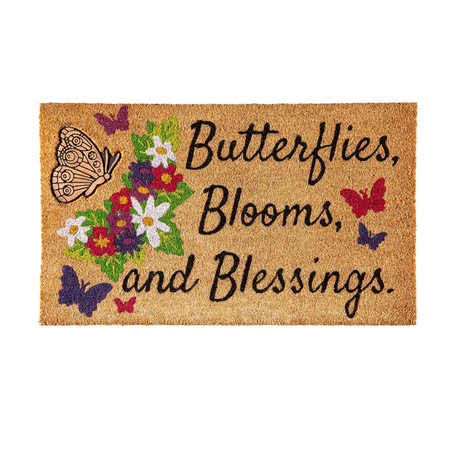 Plow & Hearth Coir Mats>Butterflies, Blooms, and Blessings Coir Mat with Rubber Embossed Butterfly