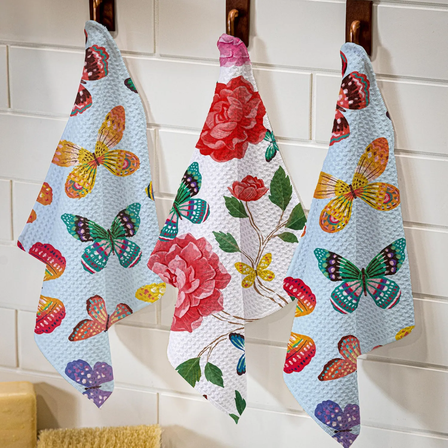Plow & Hearth Kitchen Linens>Butterfly Toile Quick Dry Dish Cloth, Set of 3, 10" x 10"