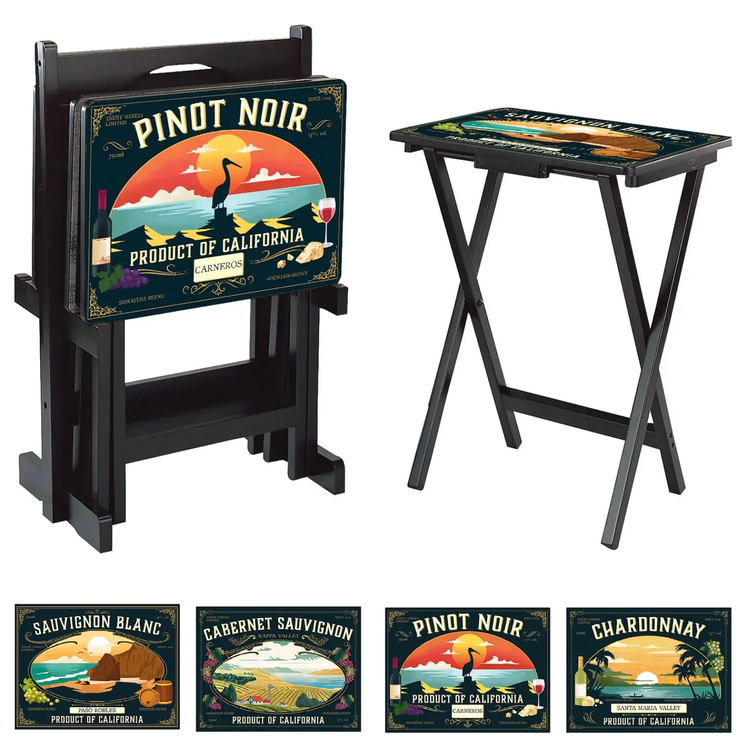 Plow & Hearth Accent Tables>California Wine Label TV Tray Set of 4