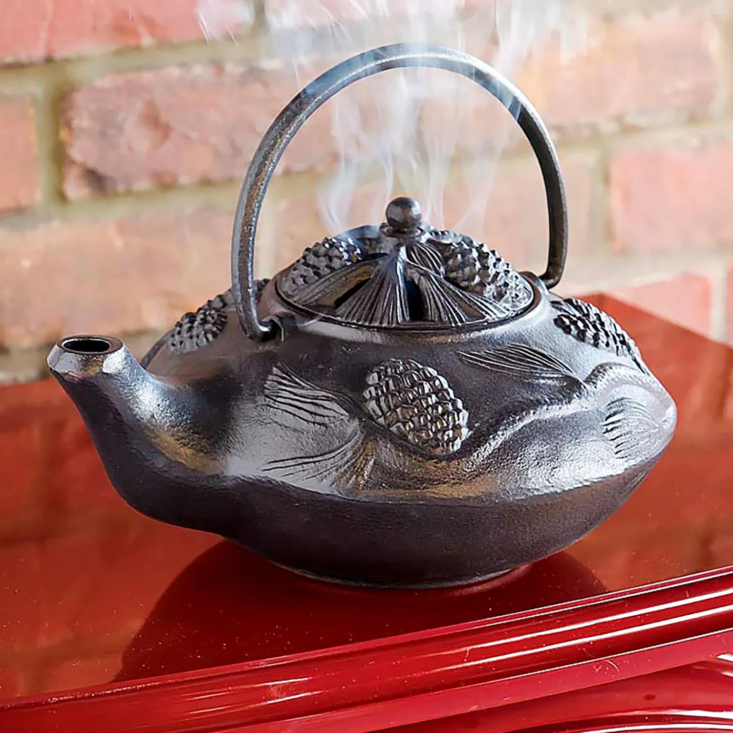 Plow & Hearth Woodstove Steamers>Cast Iron Wood Stove Kettle Steamer with Pine Cone Design Black