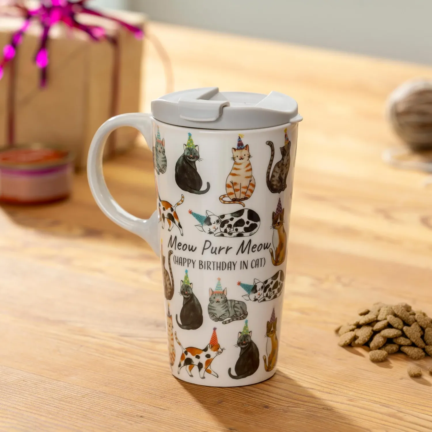 Plow & Hearth Travel Cups>Cat Happy Birthday Ceramic Perfect Cup, 17oz, Gift Box