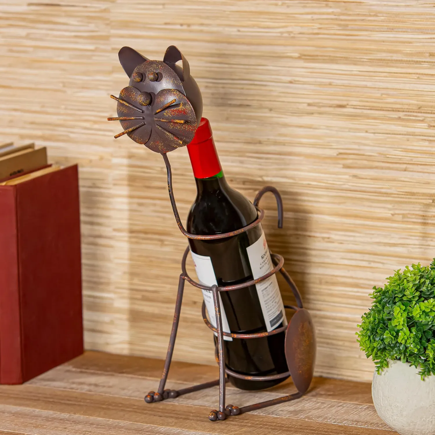 Plow & Hearth Wine Racks>Cat Metal Wine Bottle Holder, 14" H