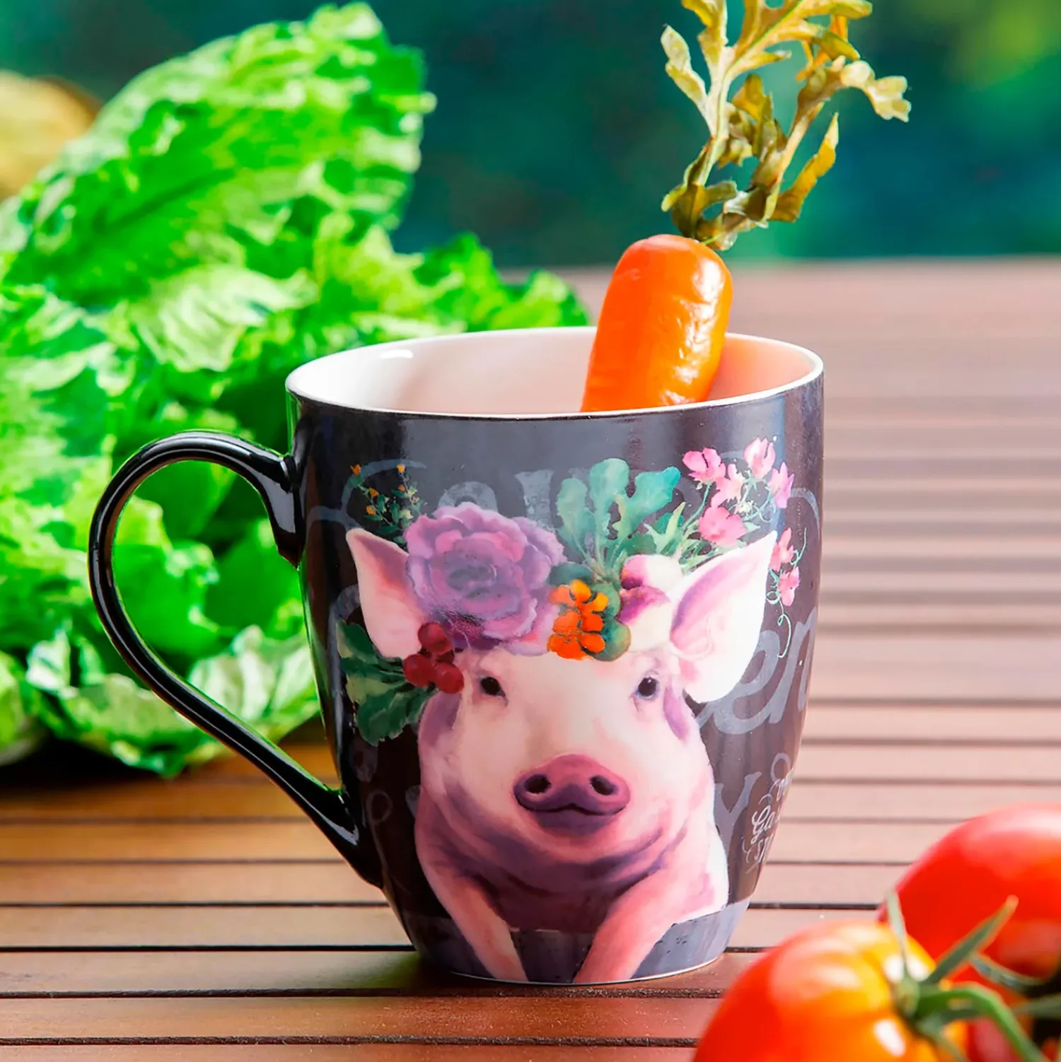 Plow & Hearth Coffee & Tea Cups>Ceramic Cup O' Java, 17 OZ, Floral Pig