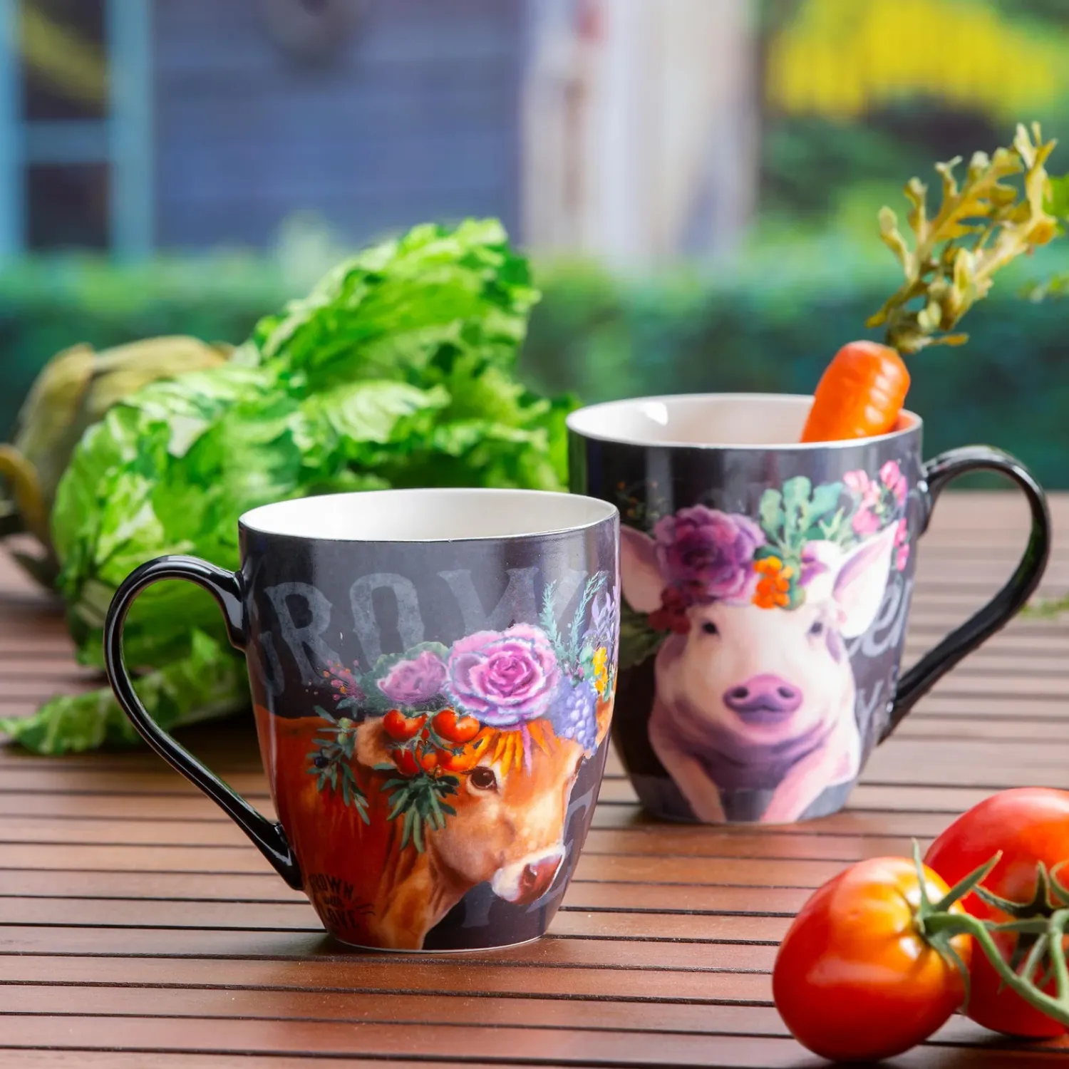 Plow & Hearth Coffee & Tea Cups>Ceramic Cup O' Java, 17 OZ, Floral Cow