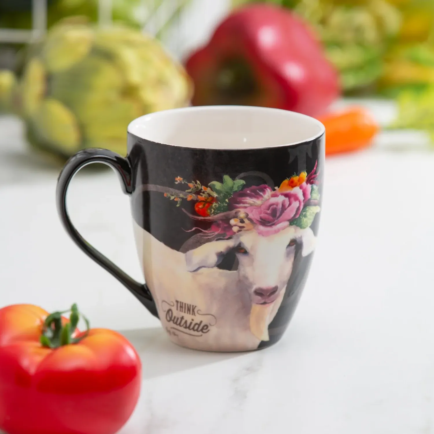 Plow & Hearth Coffee & Tea Cups>Ceramic Cup O' Java, 17 OZ, Floral Goat