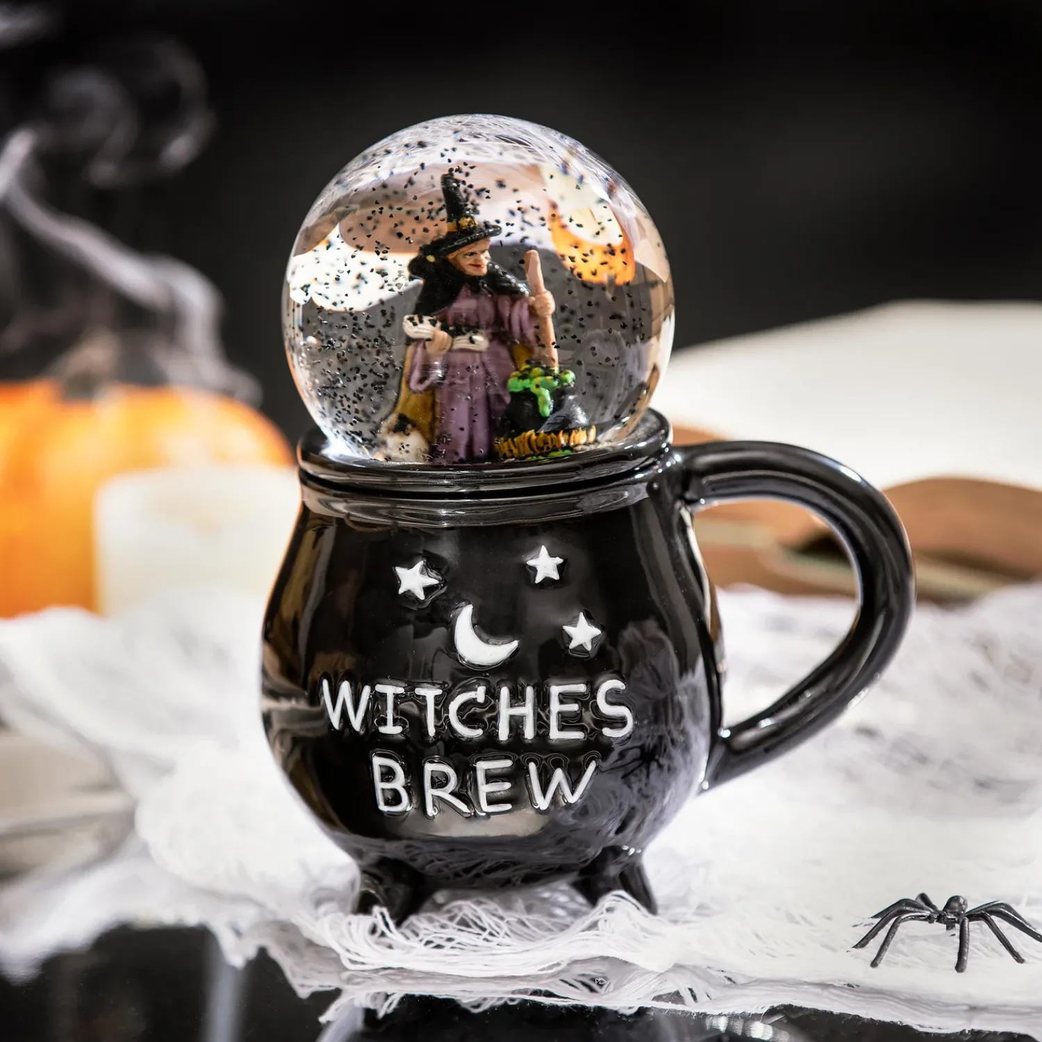 Plow & Hearth Coffee & Tea Cups>Ceramic Cup with Water Globe Topper w/ Gift Box, Witches Brew Multi