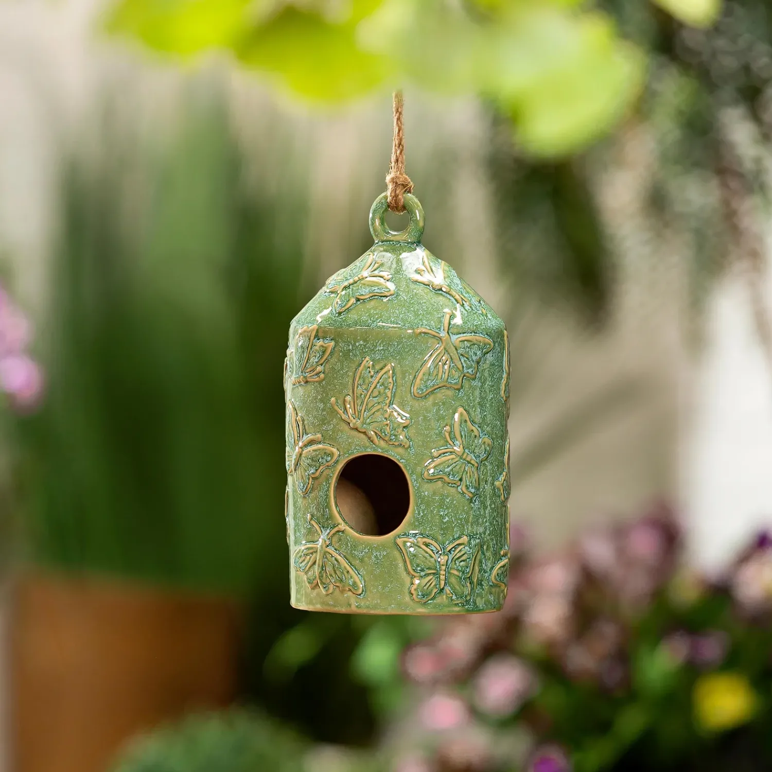 Plow & Hearth Birdhouses>Ceramic Floral Butterfly Bird House