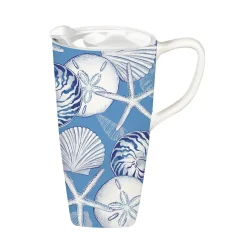 Plow & Hearth Travel Cups>Ceramic On the Go Travel Cup, 17 oz., w/ white lid & box, Shells