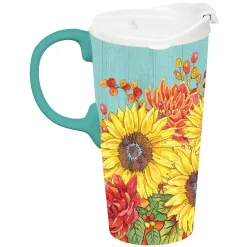 Plow & Hearth Travel Cups>Ceramic Perfect Travel Cup, 17oz, w/ Gift Box, Sunflower Bouquets