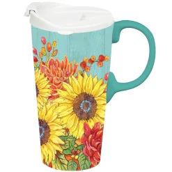 Plow & Hearth Travel Cups>Ceramic Perfect Travel Cup, 17oz, w/ Gift Box, Sunflower Bouquets