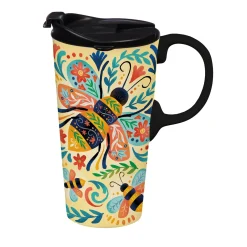 Plow & Hearth Travel Cups>Ceramic Perfect Travel Cup, 17 oz., w/ box, Floral Bee