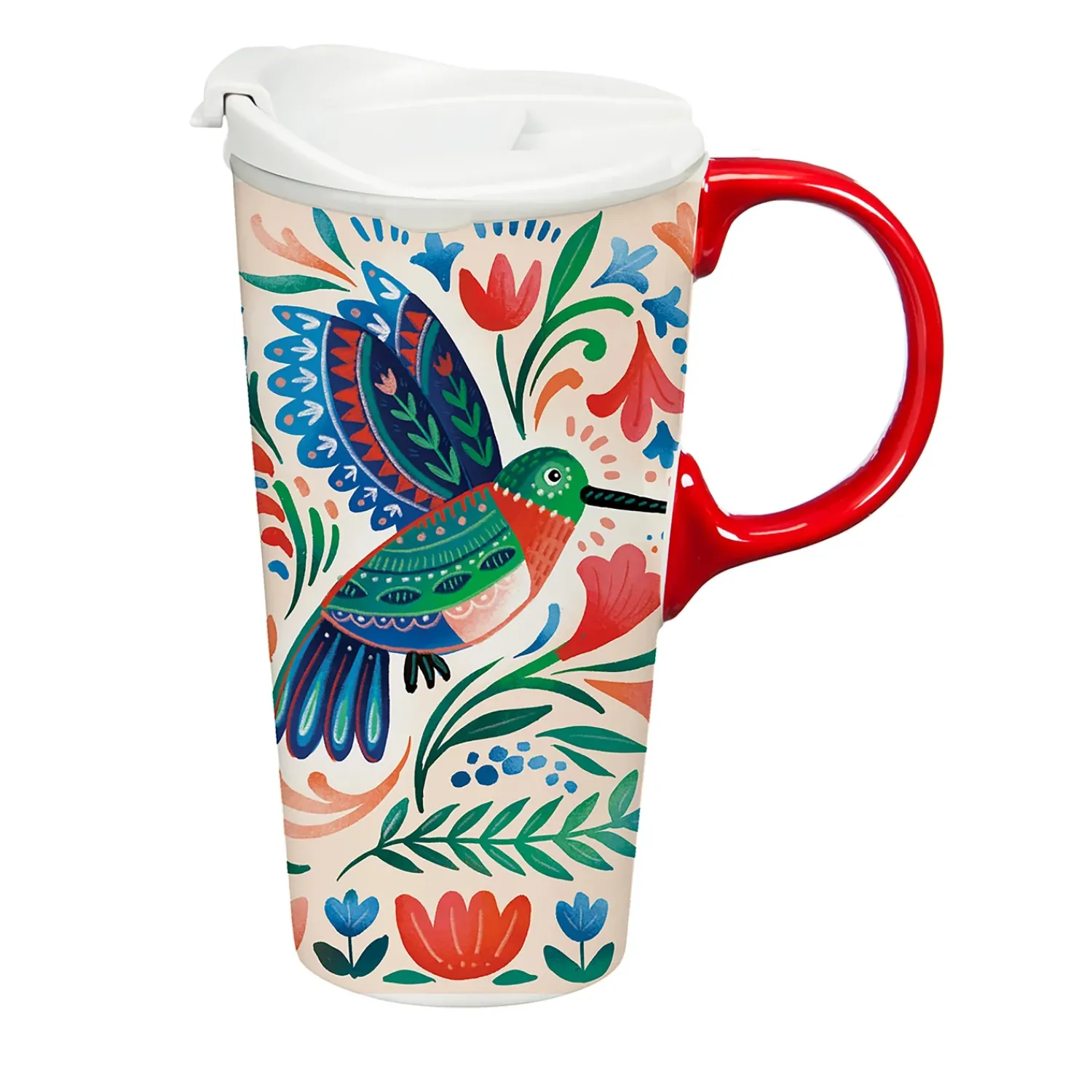 Plow & Hearth Travel Cups>Ceramic Perfect Travel Cup, 17 oz., w/ box, Floral Hummingbird
