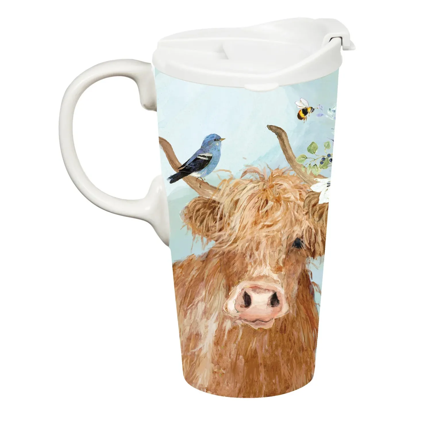 Plow & Hearth Travel Cups>Ceramic Perfect Travel Cup, 17oz., w/ Gift Box, Brown Cows