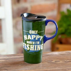 Plow & Hearth Travel Cups>Ceramic Travel Cup, 17 OZ.,w/box, Only Happy When I'm Fishing