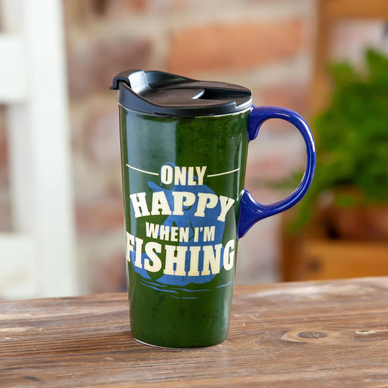 Plow & Hearth Travel Cups>Ceramic Travel Cup, 17 OZ.,w/box, Only Happy When I'm Fishing