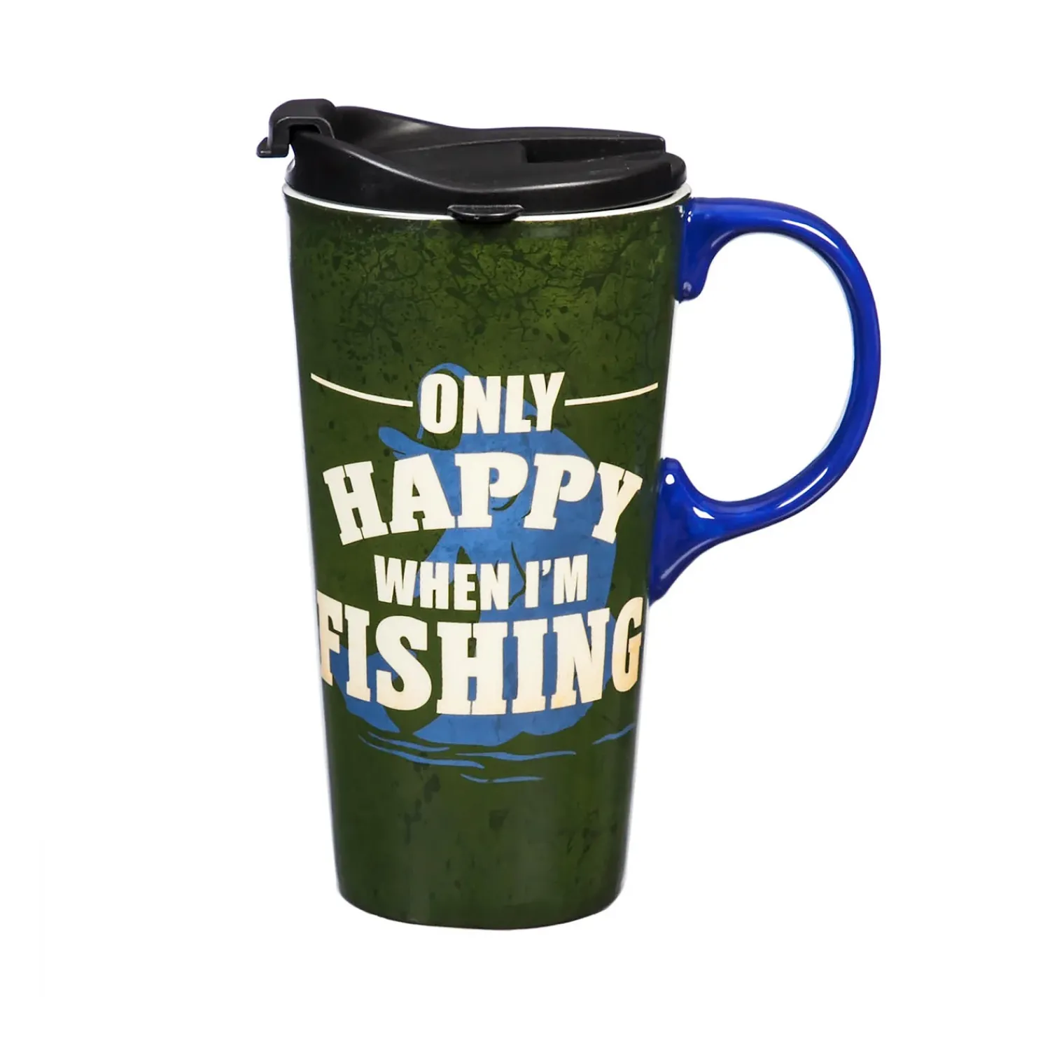 Plow & Hearth Travel Cups>Ceramic Travel Cup, 17 OZ.,w/box, Only Happy When I'm Fishing