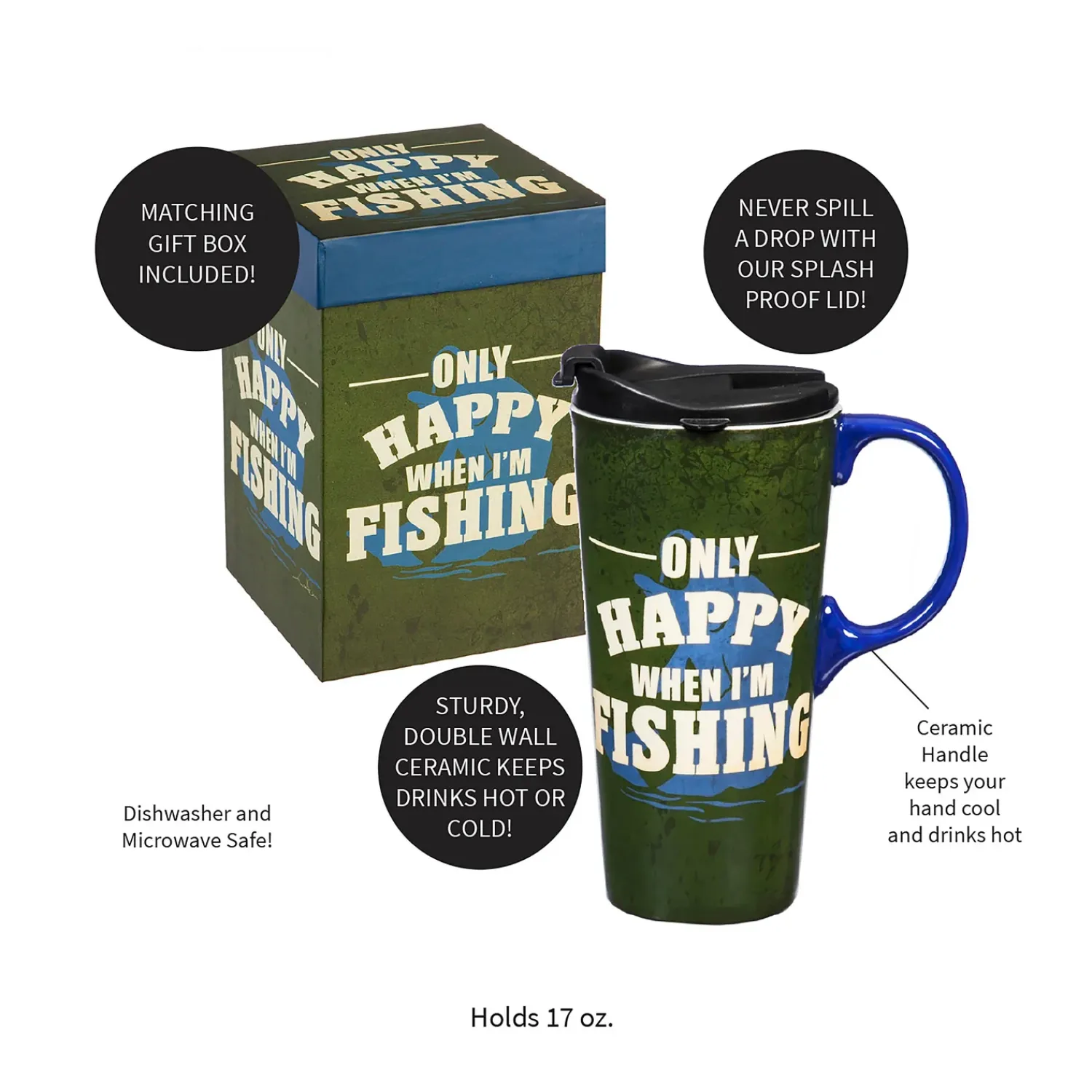 Plow & Hearth Travel Cups>Ceramic Travel Cup, 17 OZ.,w/box, Only Happy When I'm Fishing