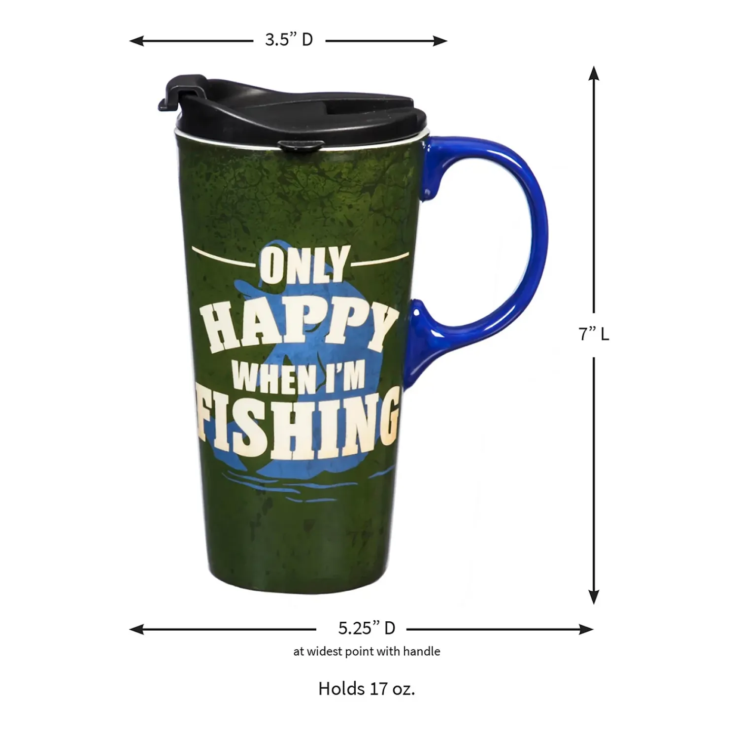 Plow & Hearth Travel Cups>Ceramic Travel Cup, 17 OZ.,w/box, Only Happy When I'm Fishing