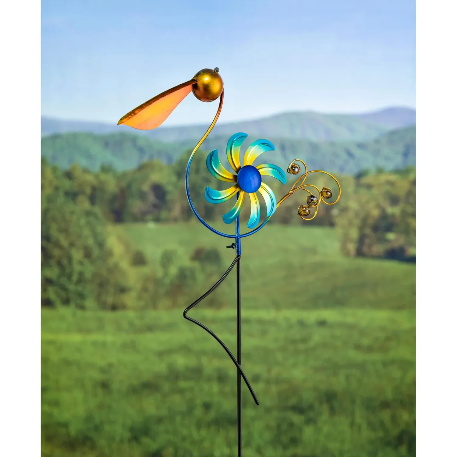 Plow & Hearth Wind Spinners|Garden Stakes>Cheerful Summer Days Windspinner Garden Stake, Yellow/blue Bird, Short