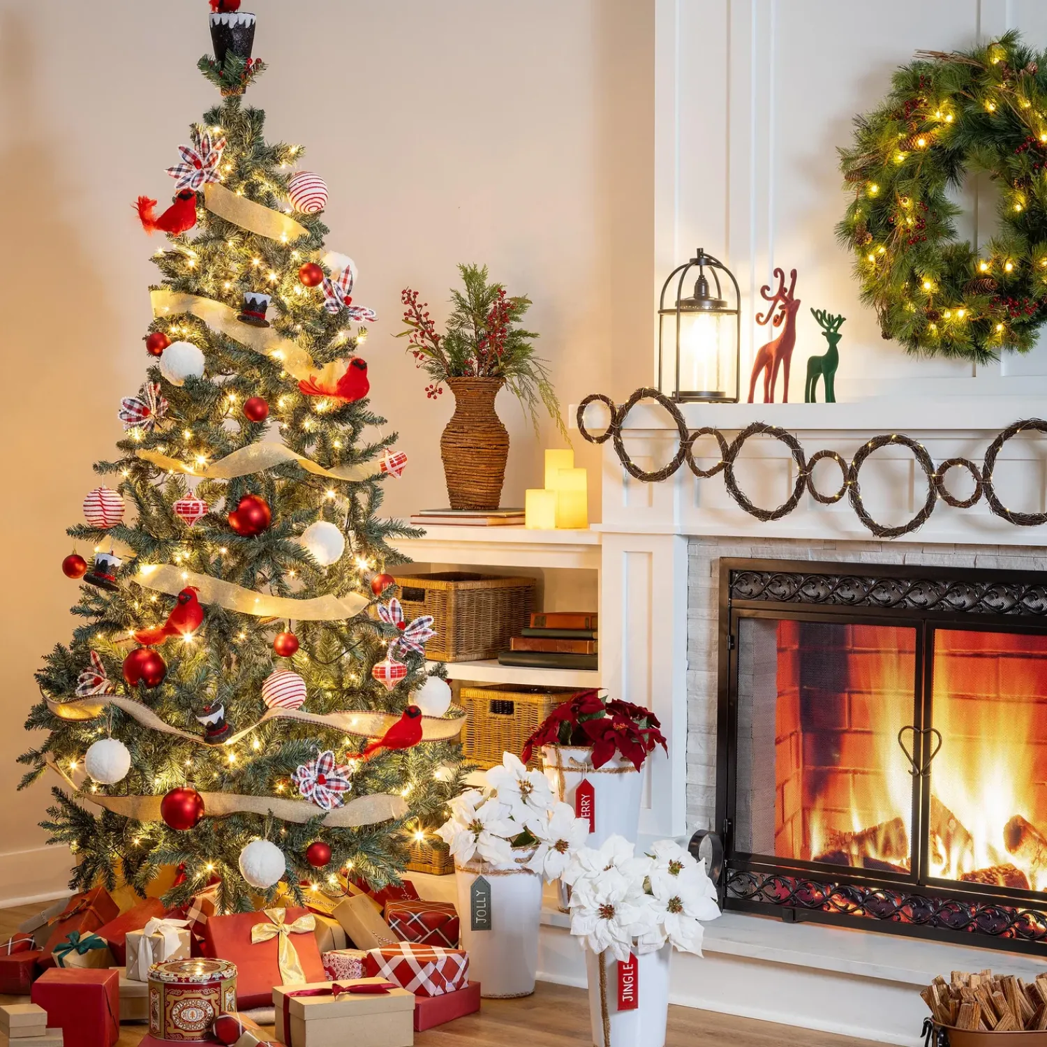 Plow & Hearth Lighted Trees & Garlands>Classic Cardinal Complete Christmas Tree Kit with 250 Lights and 140 Decorations, 7½'H