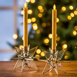 Plow & Hearth Candles & Lanterns>Clear Moravian Star Metal Taper Holder, Set of 2, Brass